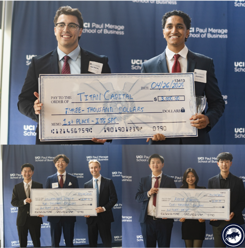 Stock Pitch Competition Winners holding checks at UCI Paul Merage School of Business